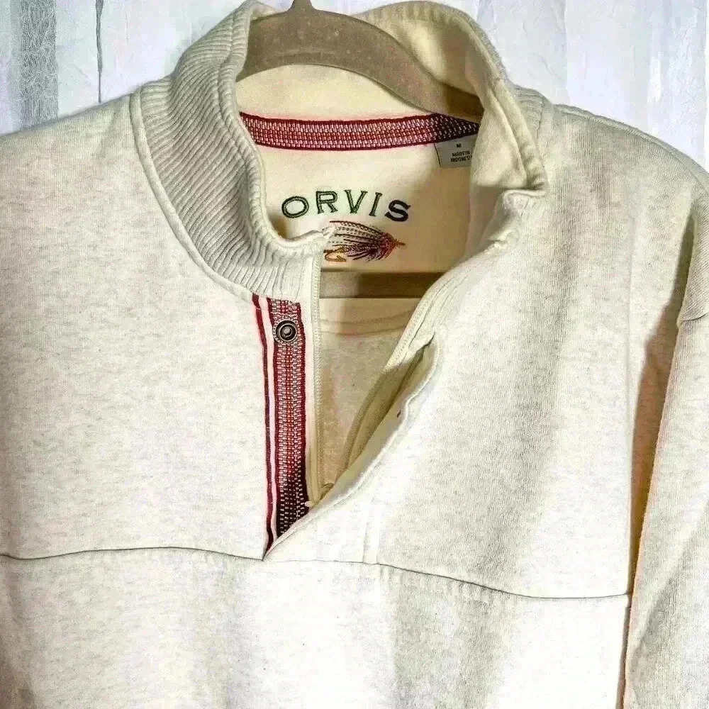 Orvis  Men's Size M long sleeve white 1/4 zip mock neck sweatshirt embroidered
